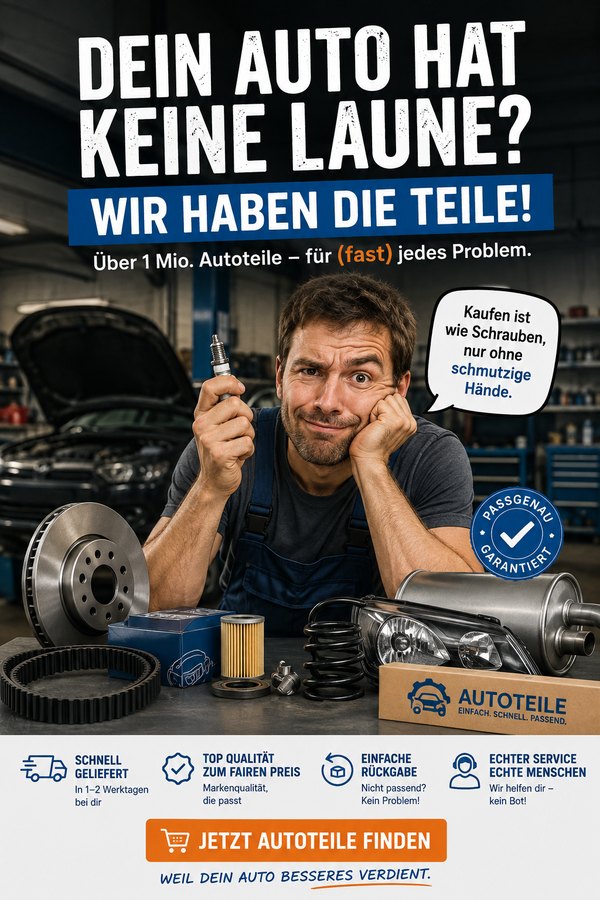 Scherz-Werbeanzeige für einen Autoteile-Shop: „Dein Auto hat keine Laune? Wir haben die Teile!“
