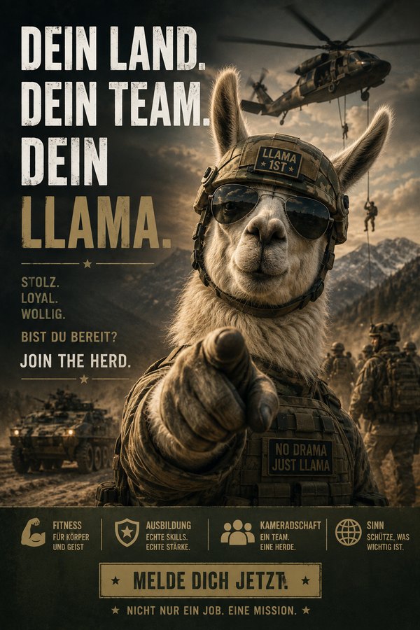 Scherz-Werbeplakat im Stil einer Rekrutierungskampagne: „Dein Land. Dein Team. Dein Llama.“