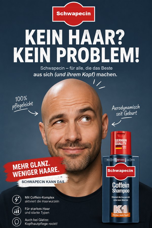 Scherz-Werbeanzeige für ein erfundenes Koffein-Shampoo namens Schwapecin: „Kein Haar? Kein Problem!“