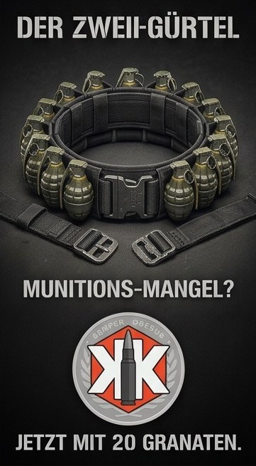 Scherz-Werbeanzeige für einen Granatgürtel: „Munitions-Mangel? Jetzt mit 20 Granaten.“
